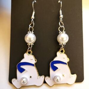 Handmade Pearl Blue White Winter Polar Bear Dangle Earrings